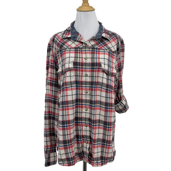 Jachs Girlfriend Shirt Women XL Extra Large Plaid Bea Tab Sleeve Thin Flannel - Picture 1 of 12
